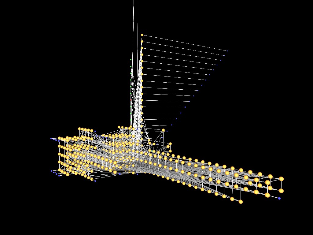 Neural net with vertical mast and fibres that look like a sail. Two large cubes of neurons to the left. A long, girder like structure to the right.